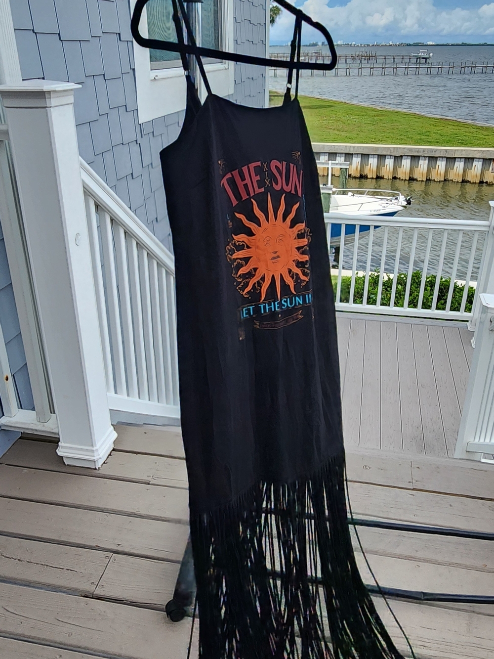 FARM Rio Black Fringe Sun Graphic Swim Coverup